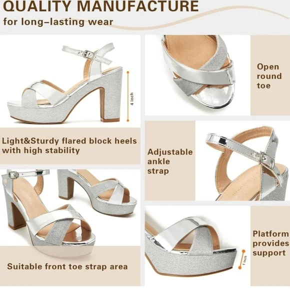 1 Pair Hingswink Silver Sparkly Platform Sandals Chunky Block Heel Size 8.5 - Picture 15 of 16